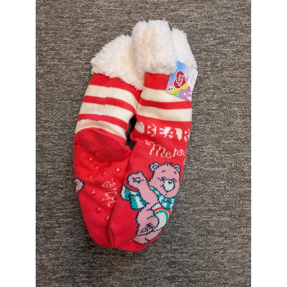 NEW Care Bears Slipper Socks Women's 4-10 Red Cheer‎ Bear Striped Faux Fur Lined